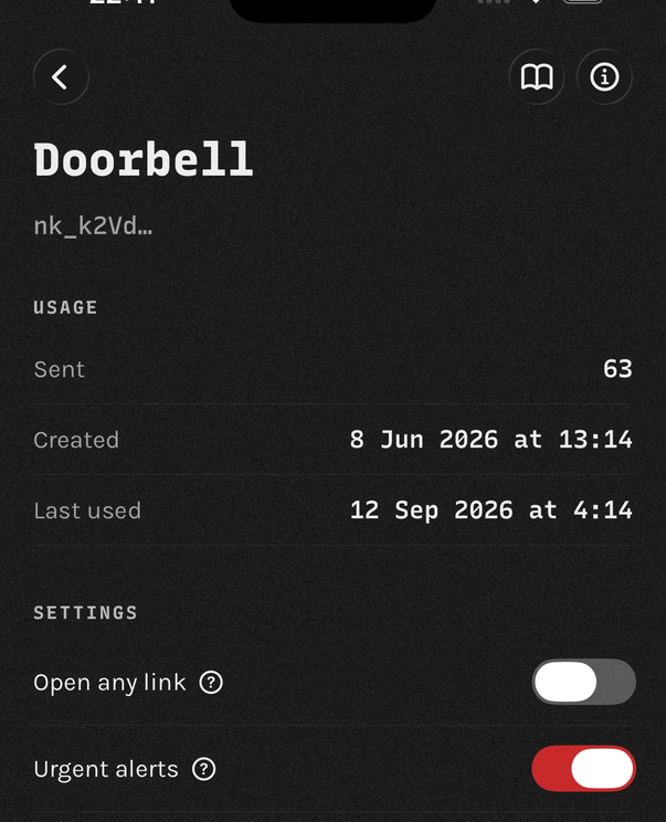 A key's screen in the app, showing the Urgent alerts switch turned on.