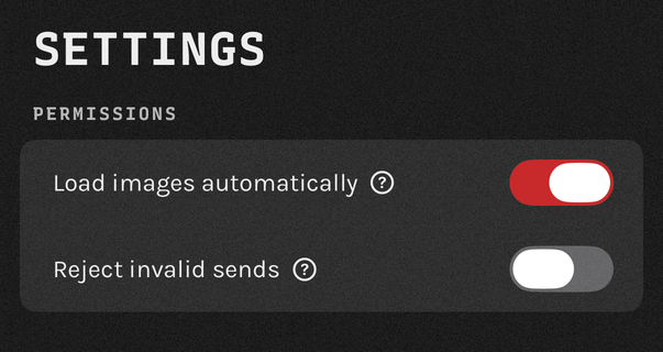 The Settings screen, showing the Reject invalid sends switch turned off.
